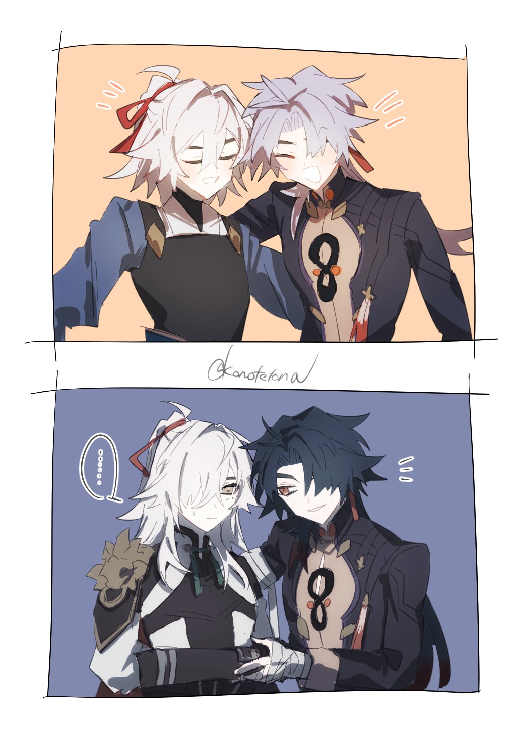 the image shows two anime characters, one male and one female, standing close to each other. the male character is on the right and the female character is on the left. the male character has white hair and red eyes while the female character has white hair and blue eyes. the male character is wearing a black suit jacket with a red inner layer, while the female character is wearing a white jacket with a black inner layer. both are smiling at each other. the image is drawn in a manga style and the background is blue and pink.