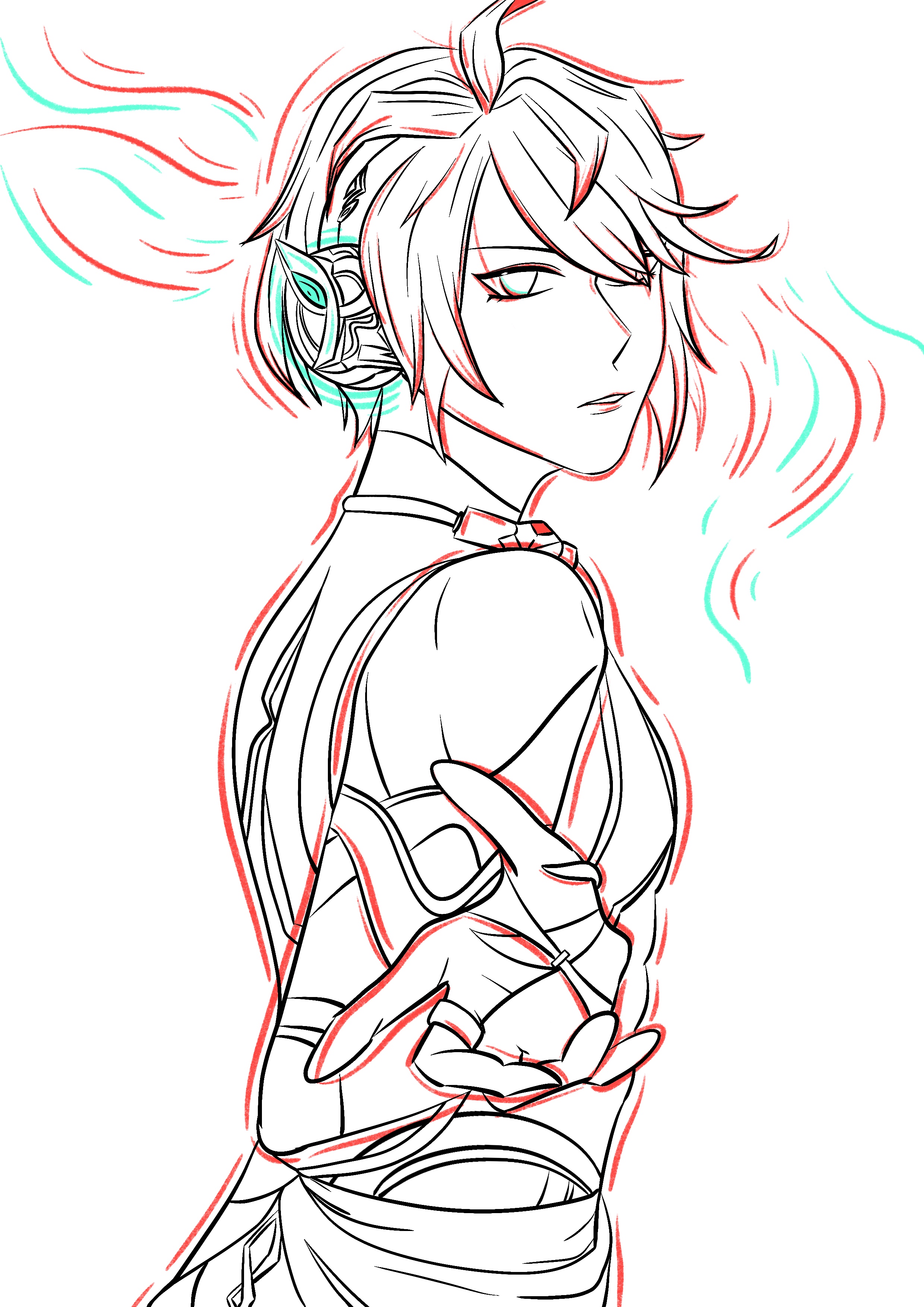 the image depicts a black and white line art drawing of a young woman with futuristic, cyberpunk elements. she has a short, choppy hairstyle and a confident expression. her left ear features a detailed, mechanical device, possibly a communication device or implant. her right arm features robotic enhancements that wrap around her forearm.  turquoise and red accents highlight the flowing lines surrounding her, suggesting energy or movement. the drawing focuses on her upper body, capturing a side view as she glances back over her shoulder.