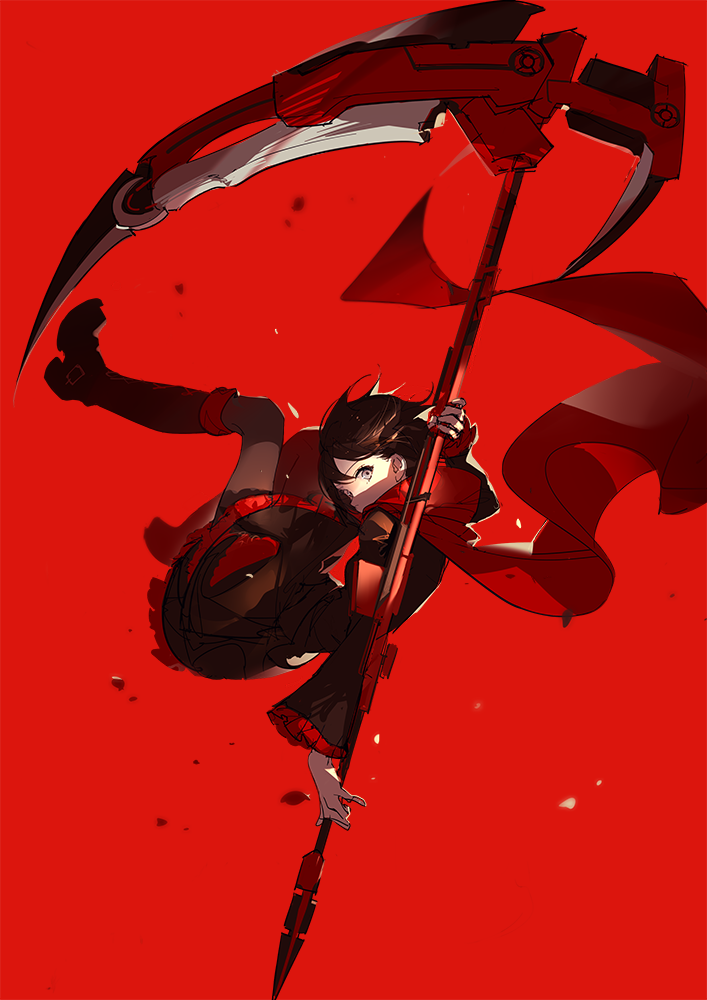 the image shows ruby rose, an anime character from rwby, holding her signature scythe in an action pose against a red background. the artwork is likely fanart due to the stylized look.