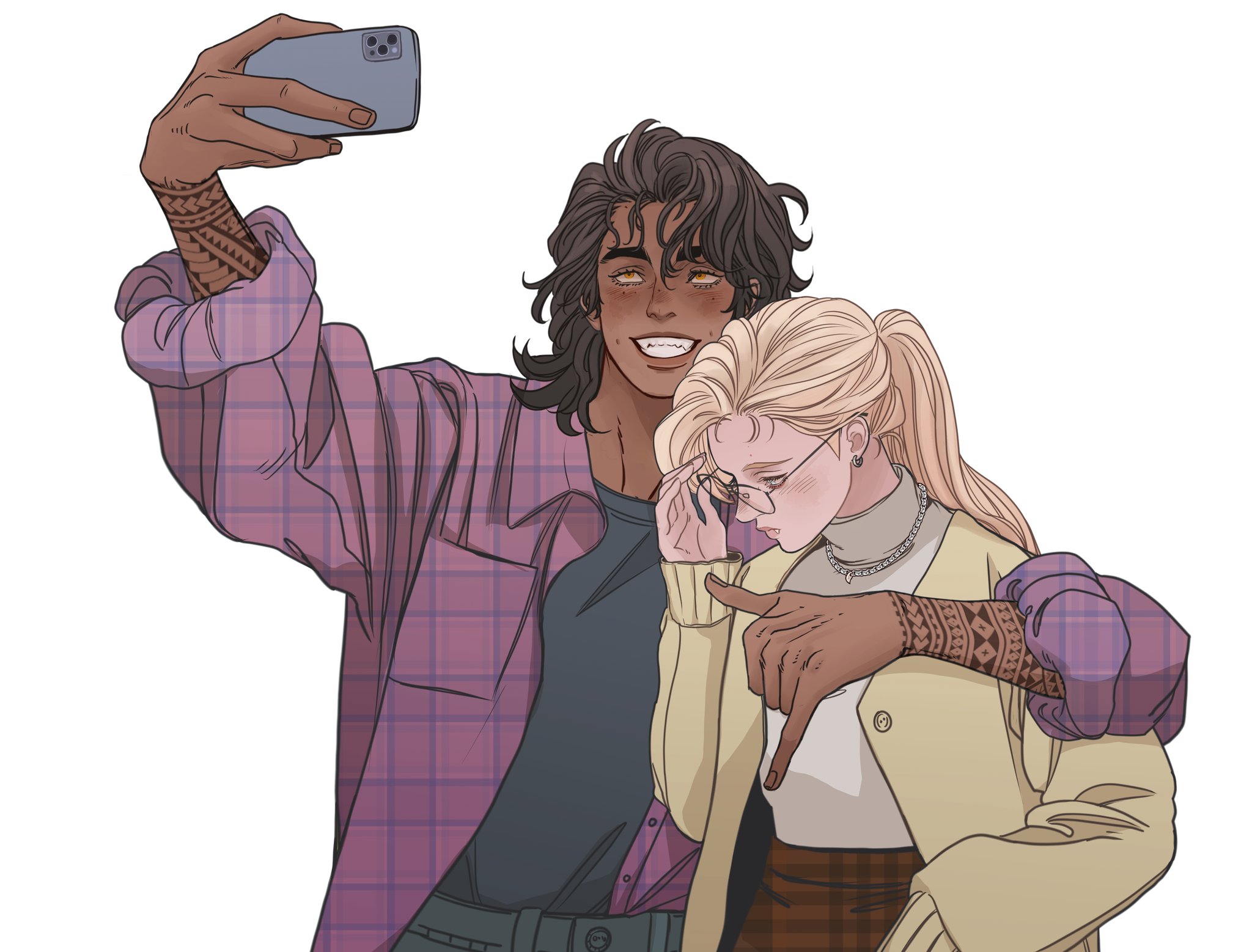 an illustration shows a tanskinned man and a blonde woman taking a selfie. the man has shoulderlength brown hair, brown eyes, and is smiling. he has a tattoo on his forearm and is wearing a grey tshirt under a pink plaid shirt. the woman has her blonde hair pulled into a ponytail and she is wearing glasses, a necklace, a white turtleneck shirt, and a yellow cardigan. the man has his arm around her. they are using a grey smartphone to take a photo of themselves. the background is white.