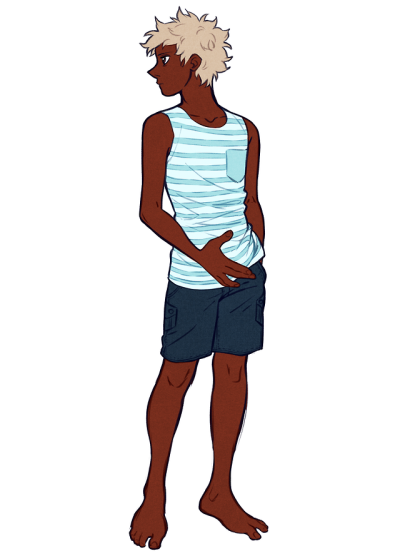 this is a digital drawing of a young, darkskinned man with blond hair. he is wearing a blue and white striped tank top, navy blue cargo shorts, and is barefoot. he is standing with one hand in his pocket and is looking to the side. the style of the drawing is loose and sketchy, with visible linework and flat coloring. the background is transparent.