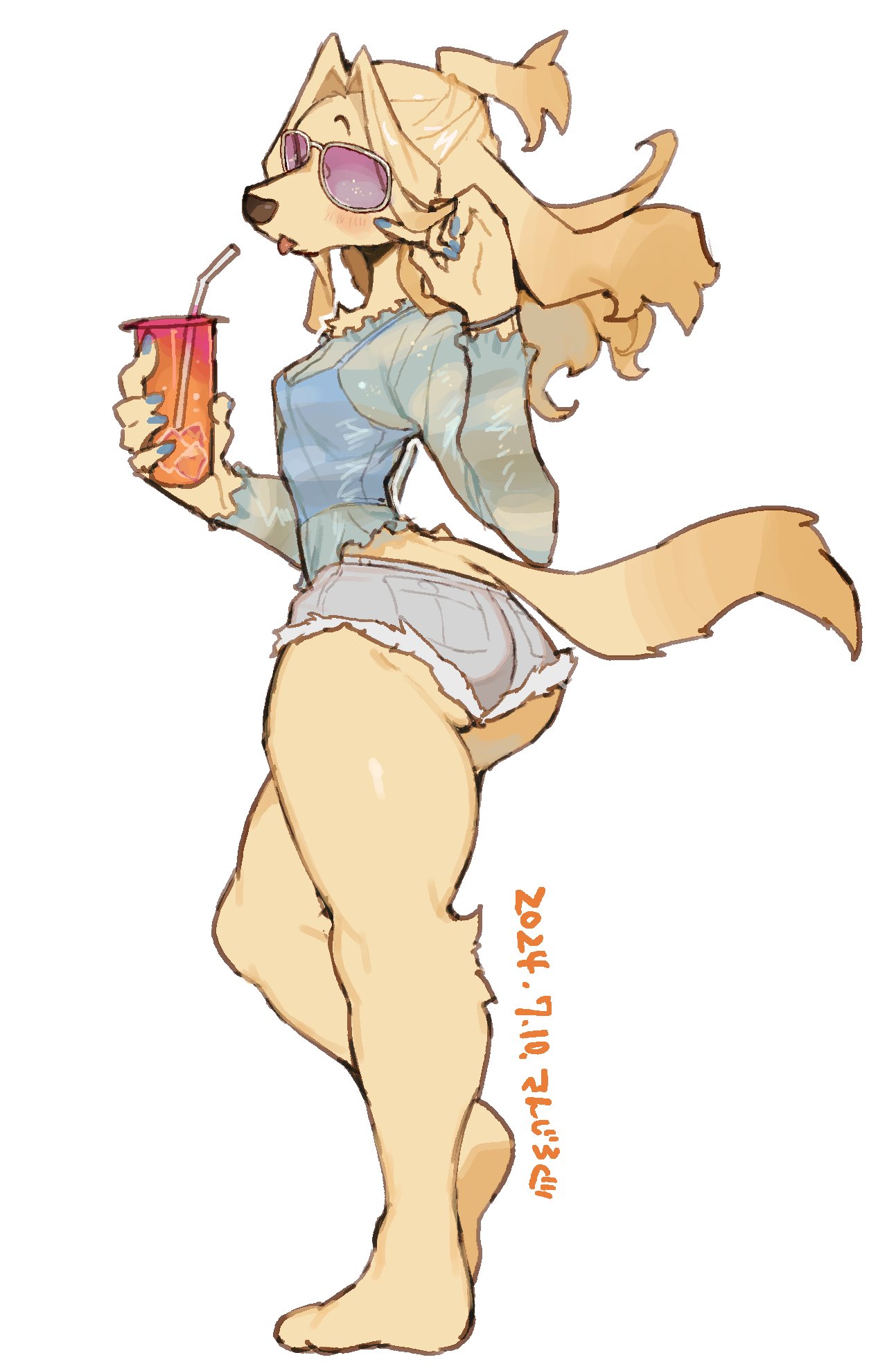 an illustration of a female doglike furry character. the dog is wearing a light blue, seethrough shirt, denim shorts, and sunglasses. she is holding a beverage and smiling. she appears to be on a beach or some other summer location. the art style is cartoonlike and whimsical. the colors are mostly pastel shades of blue, pink, and yellow. the background is white.