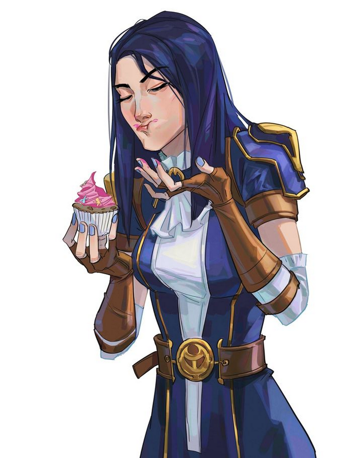 a woman with long black hair is wearing a blue dress and brown leather gloves. she is holding a cupcake with pink frosting in her right hand and her left hand is raised to her mouth. her eyes are closed and her mouth is open. the background is white.