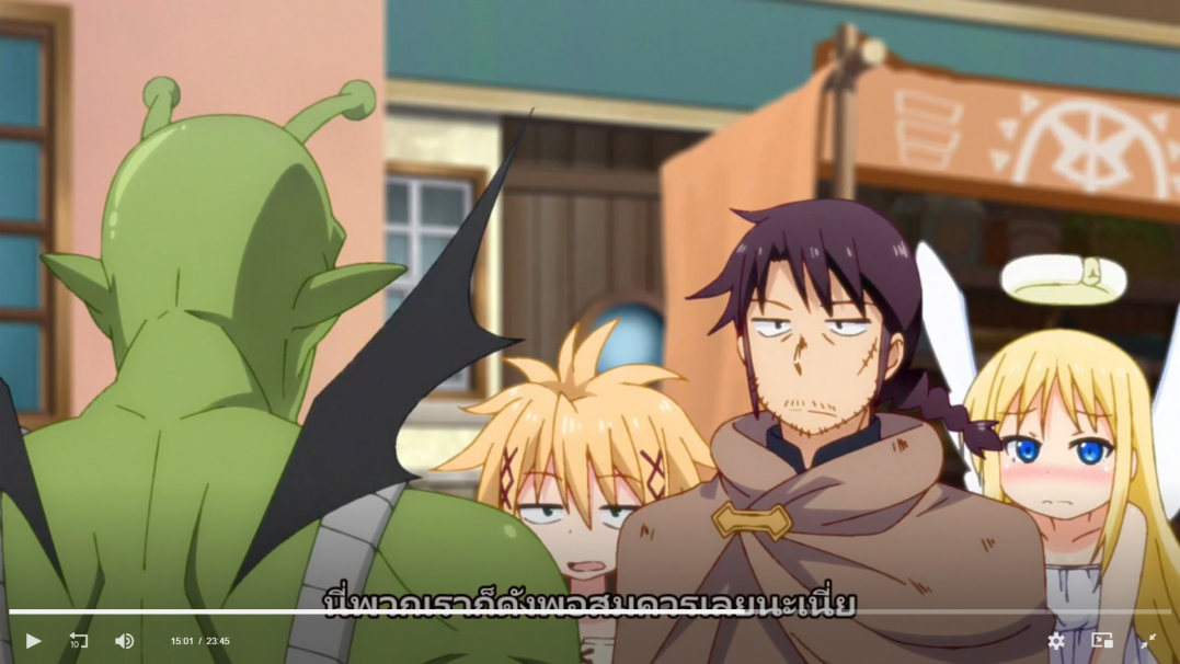 an anime still shot of four characters standing in front of a colorful building.  the main character is a greenskinned monster with black wings, a halo, and pointy ears. they have their back turned to the camera while talking to a blondehaired girl with an angel halo and a blackhaired man with a scraggly beard who is also looking away from the camera. behind the girl, there is a small blond haired girl with a furrowed brow and a bored expression, and her eyes are looking at the camera.  the background is a colorful blur with the building having a brown door and small windows. the image is from an anime series and there is text in a foreign language at the bottom of the image.