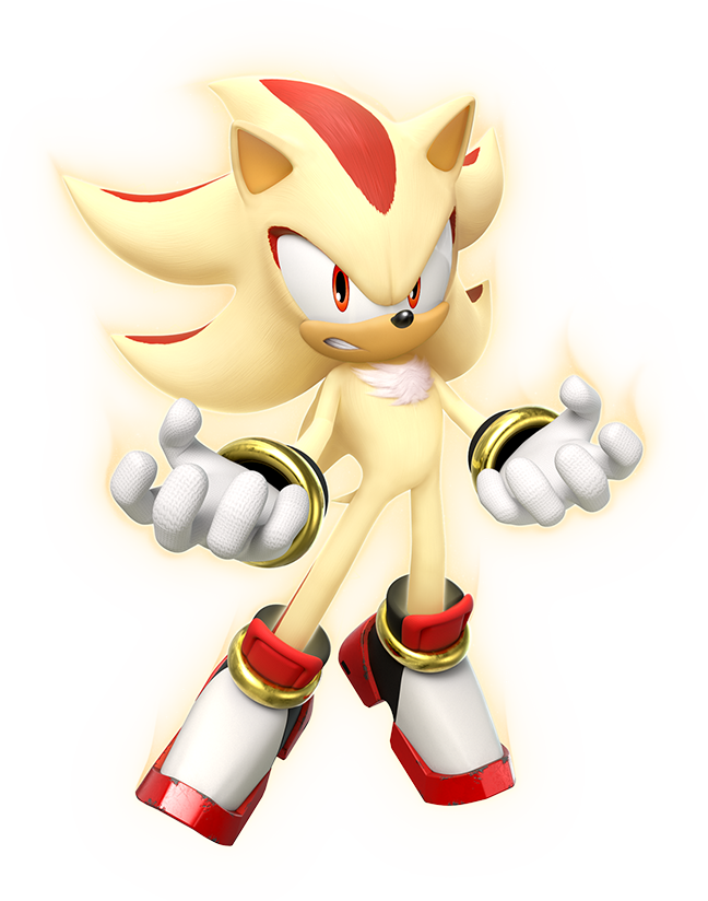 super shadow is a powerful, golden hedgehog with red highlights standing in a pose that is menacing. he is looking directly at the viewer, his eyes are wide and his mouth is slightly open.