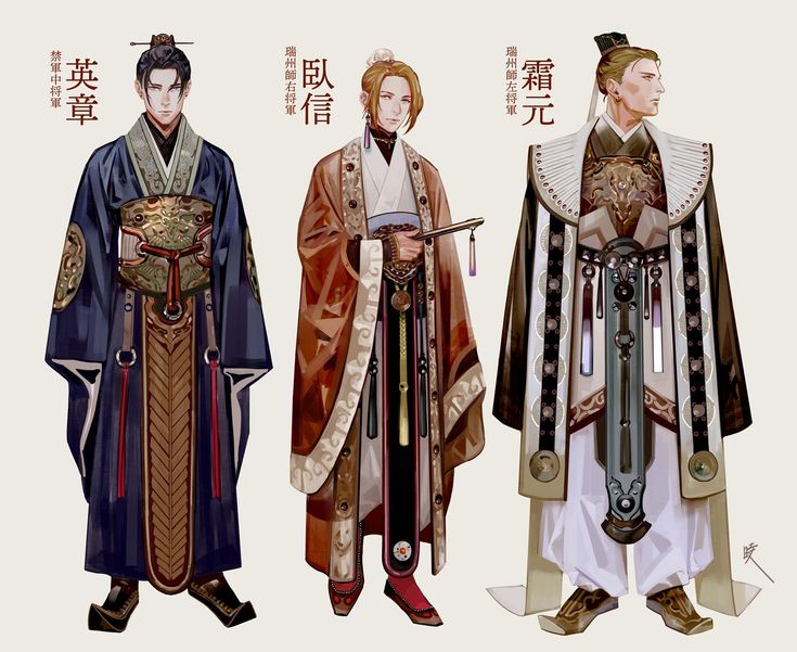 this is a digital illustration featuring three men dressed in traditional chinese clothing.  the men are all in elaborate and colorful robes.  two are holding objects that appear to be fans.  they are most likely anime characters.  the background of the image is white.  the piece is styled in a fantasy genre.  the text in the image is chinese and may be translated as the titles of the characters.  the writing is a bit blurry.
