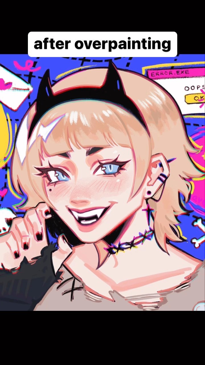 he image is a digital drawing of an animestyle girl. she has blonde hair, black devil horns, and blue eyes. she's wearing a dark top and a choker necklace. the art style is vibrant and stylized, with a glitch or pop art effect. the text "after overpainting" suggests that the image is a result of an artistic technique where additional layers of paint are applied to create a more intense visual effect. the background is a mix of bright colors and cartoonish elements. the overall mood is cheerful and playful.