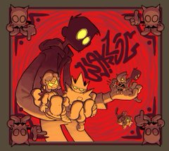 a cartoon illustration of a family of monsters with glowing yellow eyes. the background is red with a swirling pattern, and the characters are outlined in black. the tallest figure is holding two smaller figures, and there are two even smaller figures in the background. the word "trick?" is written in large, stylized letters above the figures. there are also four small, stylized figures with glowing yellow eyes in the corners of the image.