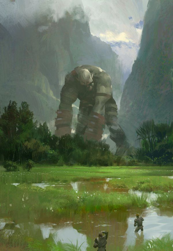 a digital painting depicts a giant, possibly a colossus, standing in a swampy landscape. two soldiers are wading through the water in the foreground. the environment includes trees, grass, and reflections on the water surface. mountains form a backdrop, with mist or clouds partially obscuring their peaks. the sky is visible above, with a hint of sunlight breaking through. the scene has a fantastical, potentially epic feel.
