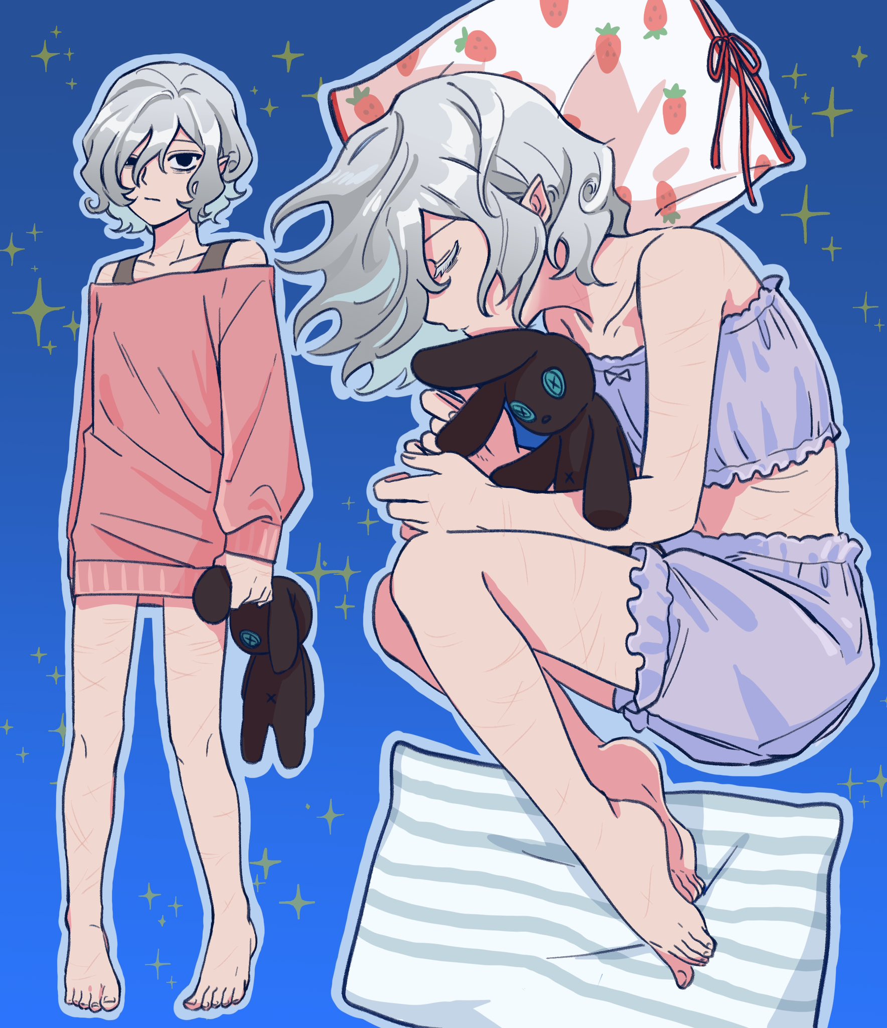 he image is a digital drawing featuring two depictions of a young animestyle girl with pale skin and long white hair. the lefthand side shows a more straightforward depiction; she stands with a neutral expression, wearing an offtheshoulder light pink sweater and holding a small, dark stuffed animal.  her legs clearly show numerous selfharm scars. the righthand side shows the same girl curled up on a striped pillow, hugging a darkercolored plush bunny. she is wearing light purple pajamas. her expression is downturned and sad, and the scars on her legs are also prominent.  the background is a soft blue with sparkling effects. the overall style is soft, pastel, and somewhat melancholic.