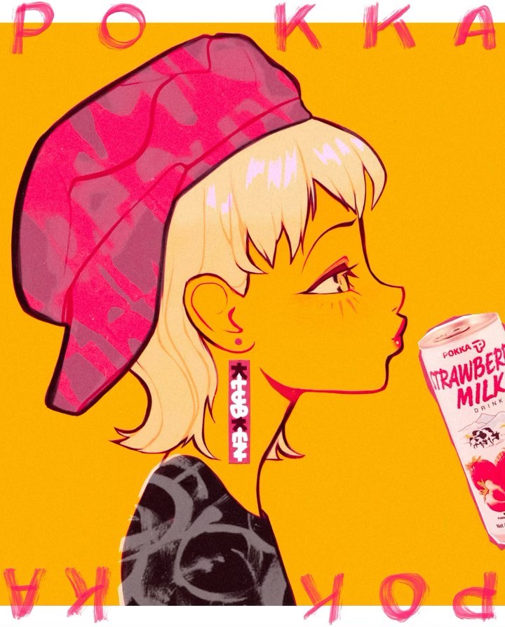 he image is a vibrant digital illustration of an animestyle girl with blonde hair, wearing a pink cap and earrings. she is in profile view, looking towards a can of pokka strawberry milk. the background is a solid yellow, with stylized text resembling "pokka" in a graffiti style surrounding her. the overall style is a mix of pop art and anime aesthetics, with bold colors and graphic elements. the girl's expression is serene, and her outfit suggests a street or urban style.  the japanese characters are stylistic and do not appear to form coherent words.