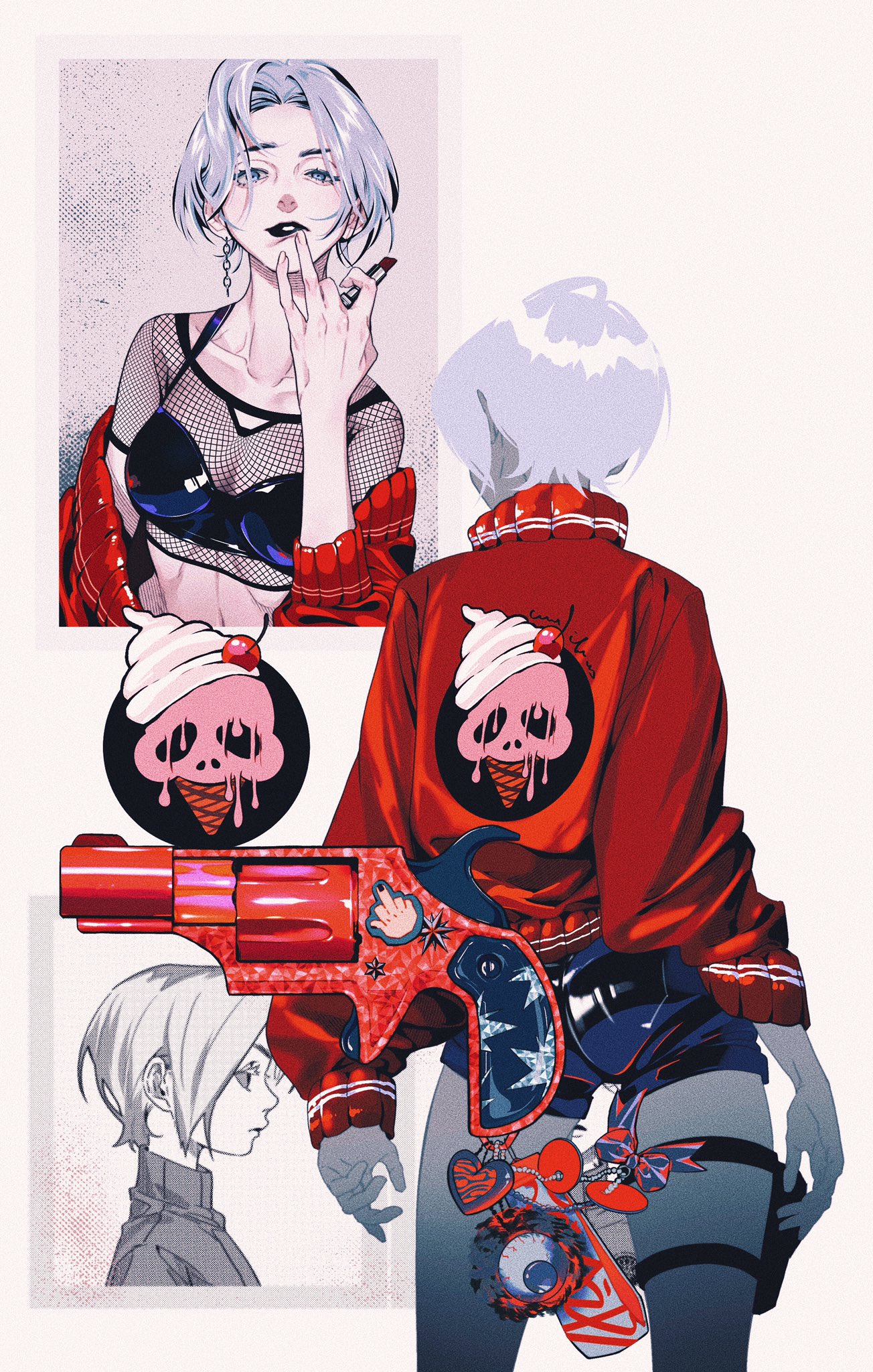 the illustration showcases a stylish young woman with a punkinspired aesthetic. she's depicted in a dynamic pose, her silver hair contrasting sharply with her dark attire. the focus is on her red varsity jacket adorned with a melting skullshaped ice cream graphic, a recurring motif. she holds a uniquely designed red revolver, further adding to her edgy persona. the artwork incorporates a collagelike composition, incorporating smaller images that provide additional glimpses into her character. the color palette is bold, dominated by red, black, and white, contributing to the overall striking and rebellious tone of the piece.