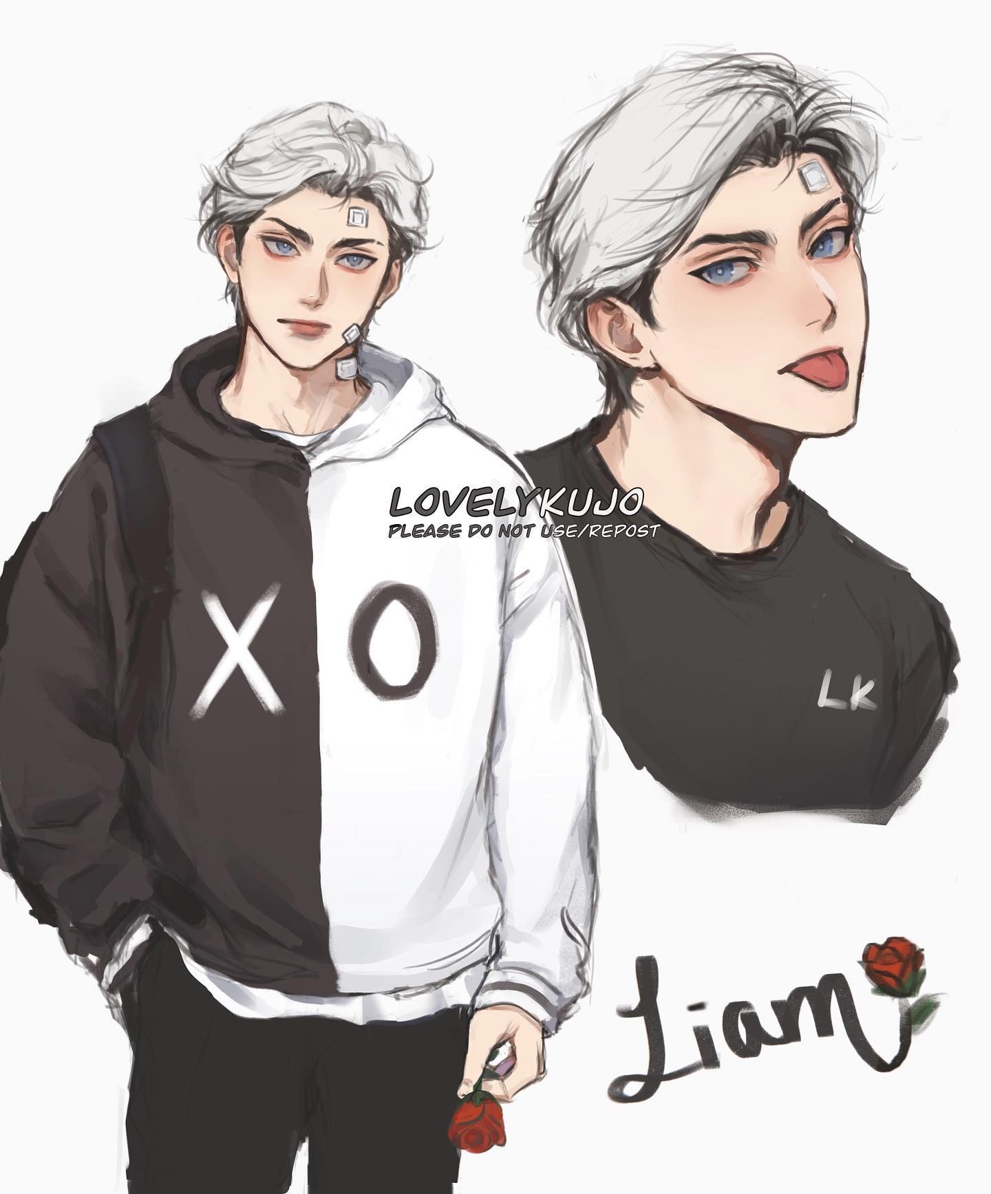 the image showcases a digital drawing of a male character named liam, seemingly an original character (oc), created in an anime/manga style.  the artwork features two views of the character: one a more fullbody depiction and the other a closeup headshot.  the fullbody drawing shows liam in a black and white, halfandhalf hoodie, wearing casual clothing. he's holding a red rose.  his hair is styled in a fluffy white cut. he also has small bandages on his face. the closeup headshot displays the character's facial features and expression more prominently.  the artist's signature, "lovelykujo," is visible along with a request not to use/repost the artwork. the name "liam" is written stylishly underneath the character's images. the overall style is soft and pleasant.