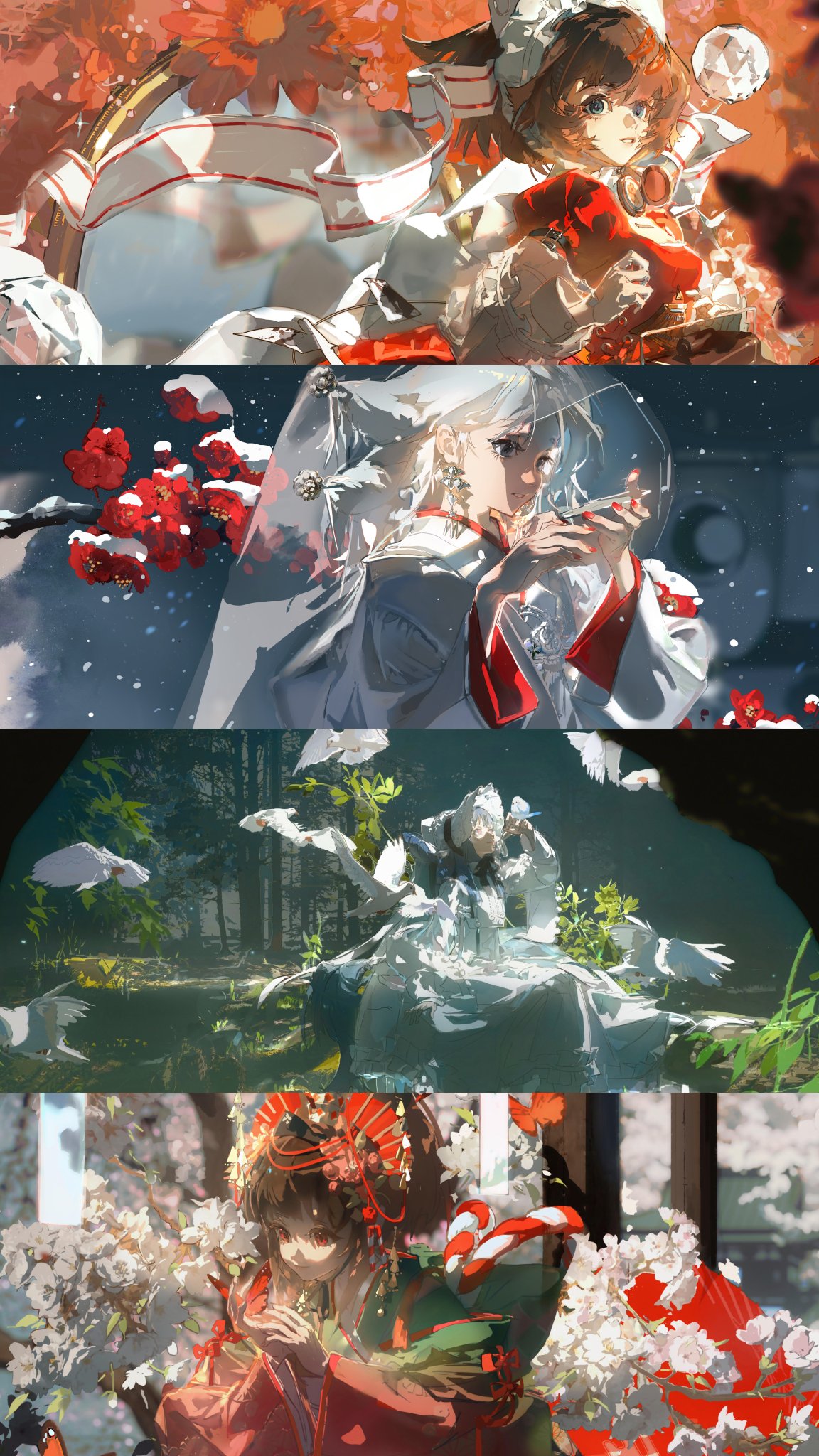 the image is a collage of four individual artworks, each featuring a female anime character in a distinct natural setting and season. the top image depicts a girl with orange hair amidst falling autumn leaves. the second image shows a whitehaired girl with a serene expression surrounded by snow and red berries. the third image features a silverhaired girl in a flowing dress in a lush green forest. the final image portrays a girl with dark hair and a red kimono standing amidst cherry blossoms. all four images share a soft, ethereal aesthetic with a focus on natural beauty and the passage of time.