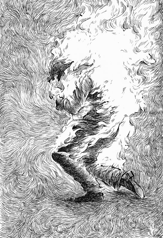 an abstract black and white illustration depicts a distorted human figure engulfed in flames. the style uses flowing lines and dense crosshatching to create a surreal and expressionistic scene evoking horror. the figure seems to be running, though its form is obscured by the fire and smoke.