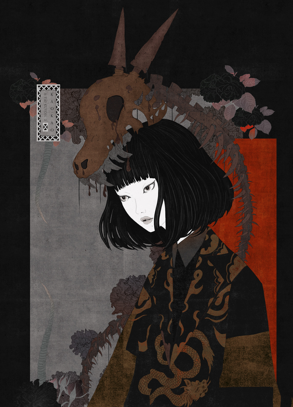 the image is an illustration featuring a young woman with short, black hair and pale skin. she is wearing traditional black clothing adorned with golden dragon designs. behind her, there is a skeletal figure of an animal, possibly a dragon or horned beast, with its skull positioned above her head. dark flowers and a grey textured background are also present, creating a moody and somewhat gothic atmosphere. the overall style of the artwork has a distinct traditional aesthetic.