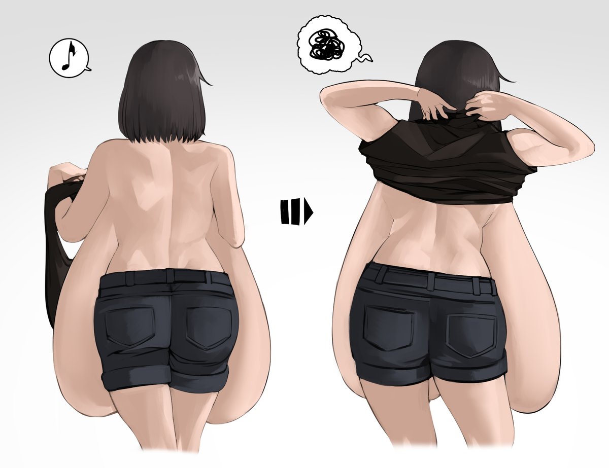 the image is a cartoon style illustration showing the back view of a woman with short black hair wearing dark shorts. in the left panel, she is taking off a black shirt, with a musical note in a speech bubble above her head. an arrow points to the right panel where she is further along in taking off the shirt, now pulling it over her head. a thought bubble with scribbled lines is above her head in the right panel. she has very large breasts.