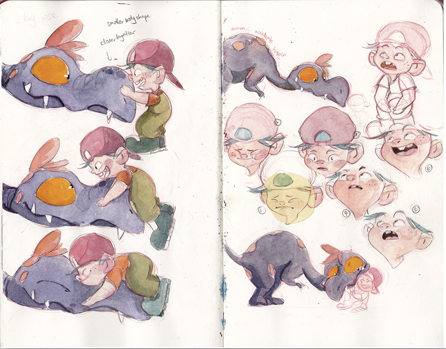 this image is of a sketchbook page with watercolor sketches of a young boy and a dragon. there are multiple sketches of the dragon and the boy in different poses. on the left side of the page, there are three sketches of the boy hugging the dragon, who is laying down.  on the right side of the page, there are a variety of sketches, including sketches of the dragon from different angles and sketches of the boy's face with different expressions. all of the sketches are drawn in a loose and expressive style, and they convey a sense of warmth and friendship between the boy and the dragon.