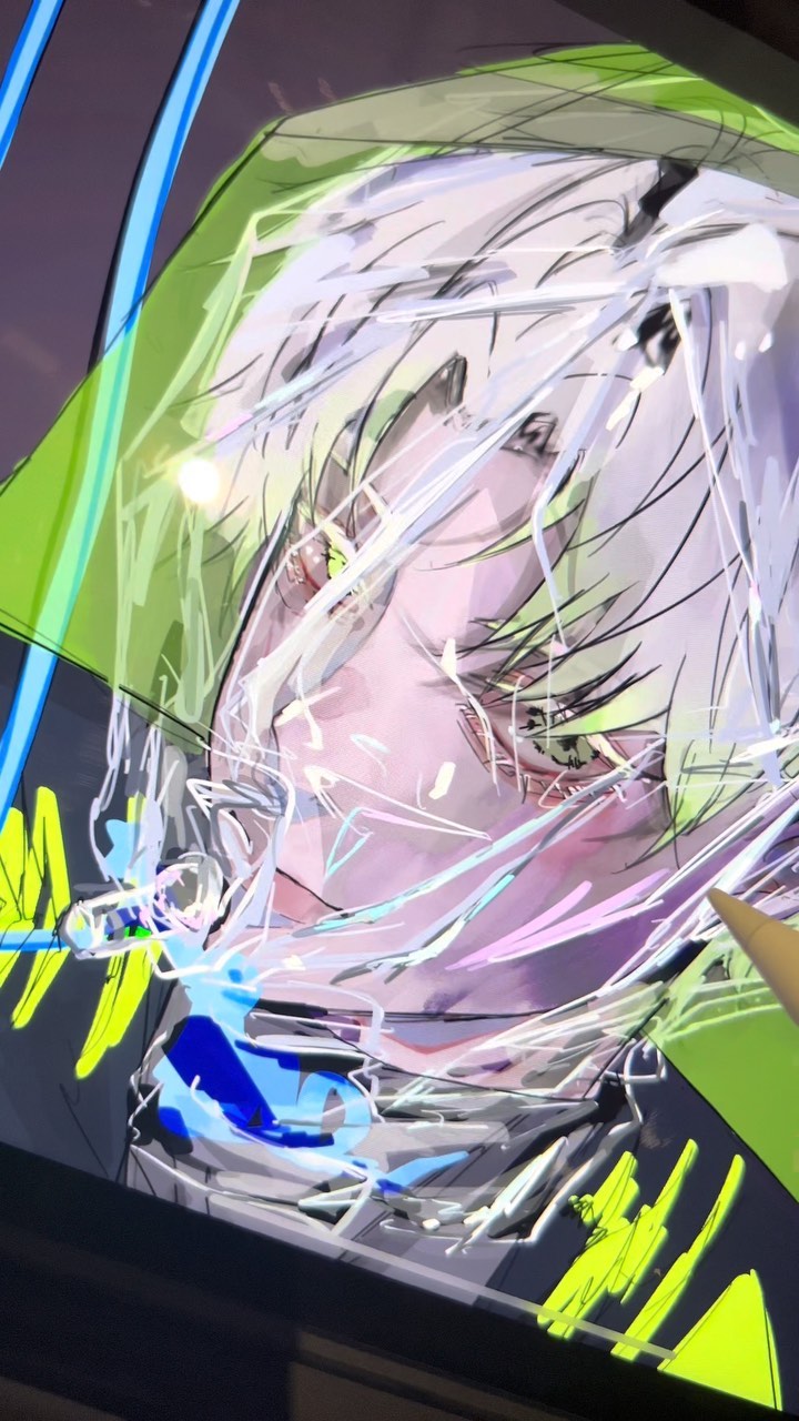 the image is a closeup shot of a digital artwork in progress. it depicts an animestyle character with white hair partially obscured by a translucent, lime green covering, possibly a raincoat or plastic sheet. the character has striking, intense eyes, and the artwork is rendered in a vibrant, stylized manner with bold lines and splashes of color.  lines and shapes suggest work in progress, with underlying sketches still partially visible. the overall aesthetic is dynamic and energetic. a stylus or drawing tool is visible in the lower right corner, indicating it's a digital drawing process being captured midcreation.
