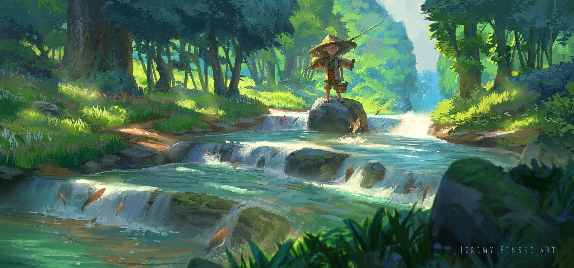 a young boy wearing a straw hat stands on a rock in the middle of a river, fishing with a rod. lush green trees and foliage surround the river, and sunlight filters through the leaves, creating a dappled lighting effect. the river flows over rocks, creating small waterfalls.  the scene is peaceful and idyllic.