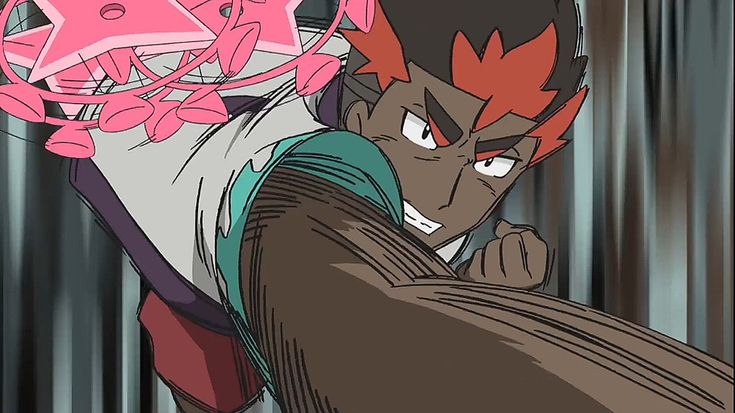 this is a closeup shot of an anime character in midpunch. he has red hair, brown skin, and a determined expression on his face. the character is wearing a white shirt with a green trim and is punching forward with his right arm. the background is a blurred image of a wall with vertical lines. the character appears to be in the midst of a heated battle.