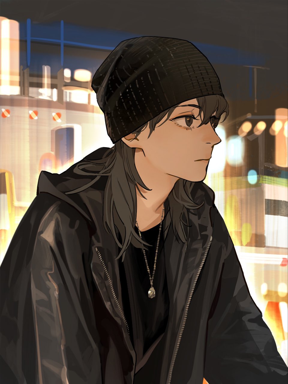 the image is a digital illustration in an anime/manga style depicting a young woman, possibly a teenager or young adult. she has long, dark brown hair partially covered by a black knit beanie. she's wearing a black hooded jacket and a simple necklace with a small pendant. her expression is serious and contemplative.  the background suggests an urban nighttime setting with blurred city lights, creating a moody atmosphere. the art style leans towards realism, with detailed shading and rendering of the character's features and clothing. the focus is on the character's side profile, drawing attention to her thoughtful expression.