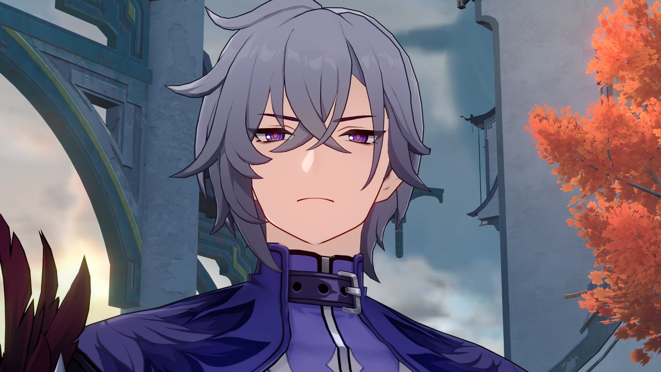 a closeup portrait of an anime male character with white hair, purple eyes, and a serious expression. he is wearing a purple and white outfit with a black collar and a black belt. the background is a light blue sky with a white building and a tree with orange leaves.