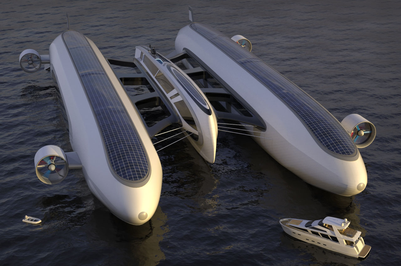 a futuristic solarpowered boat with a sleek, modern design floats on the water. the boat has a long, slender body with wings on either side and a large solar panel on its roof. the boat is surrounded by water, which is reflecting the sunlight and creating a beautiful shimmering effect. the boat is a concept for a clean, sustainable mode of transportation that could revolutionize the way we travel on water. it is a testament to the ingenuity and creativity of human design.