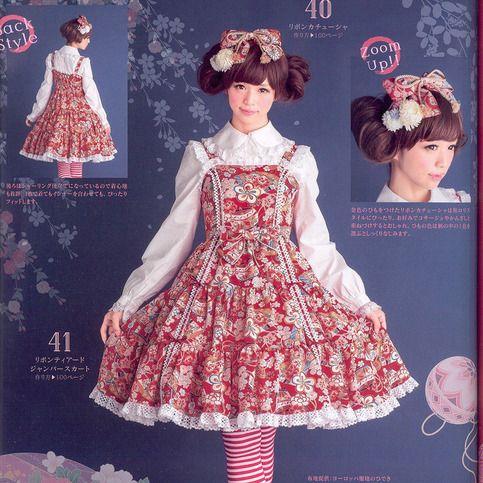 a young woman models a red floral lolita fashion dress with white lace trim. she is posing against a blue floral background. her hair is styled in elaborate buns with large floral accessories.