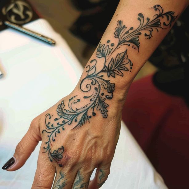 the image shows a closeup of a person's arm and hand adorned with a detailed floral tattoo. the tattoo features a flowing design of vines, leaves, swirls, and dots, extending from the forearm, across the wrist, and onto the back of the hand. the ink appears to be a dark gray or black, creating a striking contrast against the skin. the tattoo has a botanical, illustrative style and follows the contours of the arm and hand.