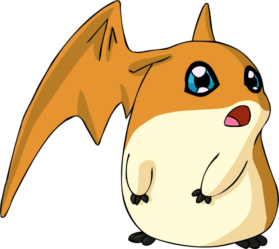 the image features a cartoon character, likely from an animated series. it has a rounded, hamsterlike body with orange fur on its back, a creamcolored belly, and large blue eyes. notably, the character possesses a single, prominent wing resembling that of a bat, colored in the same orange as its back. its mouth is open in a surprised or shocked expression. the character appears against a solid black background.content: cartoon character, fictional creature, anime stylepeople: noneenvironment: simple background, no discernable environmentlighting: flat lighting, no strong shadows or highlightsperspective: slight side viewkw: cartoon, character, anime, manga, monster, creature, fantasy, wing, cute, surprised, shocked, hamster, bat