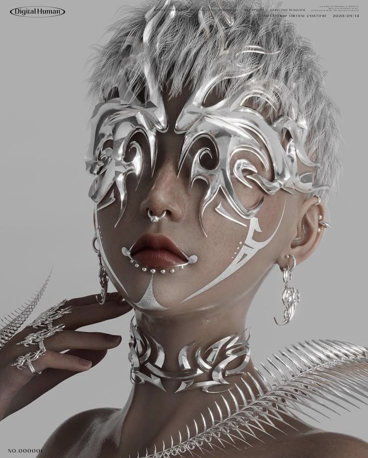 a closeup of a digital human model wearing futuristic silver jewelry and a face mask. the model has grey hair, a nose ring, lip piercings, earrings, a choker, and finger jewelry. there is white paint on the face in a triballike design. the image is a promotional piece for a virtual costume.