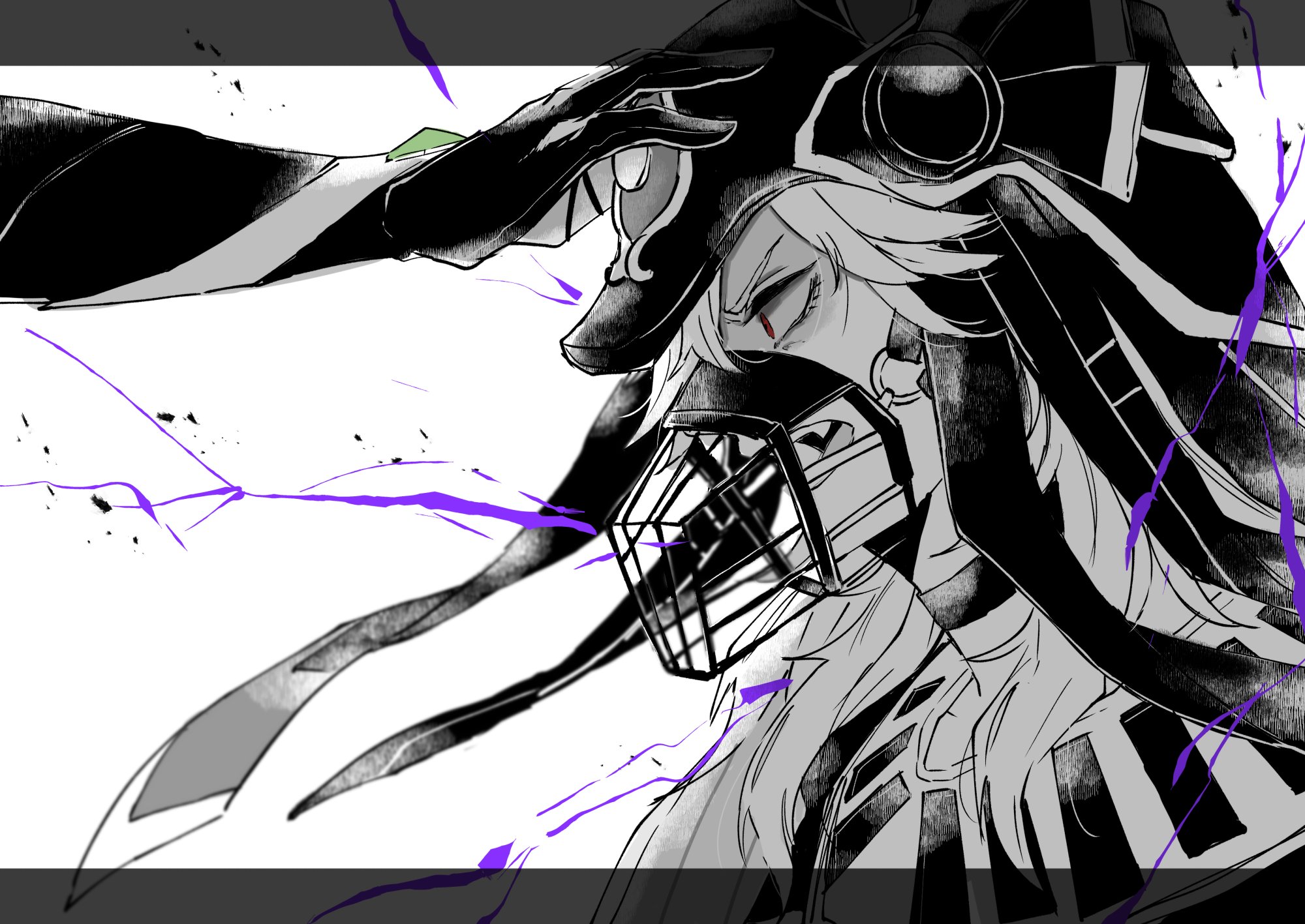 the image is a black and white illustration of an anime character. the character is drawn in a very detailed and expressive style. they are wearing a large, dark hat and a mask that resembles a cage. the character has a very intense expression on their face, with their eyes closed and their mouth slightly open. they seem to be in the middle of a battle or fight, and they are surrounded by splashes of purple paint. the image is very dark and dramatic, and it conveys a sense of pain, sorrow, and despair. the overall style of the image is very dynamic and engaging, with a clear sense of movement and action.