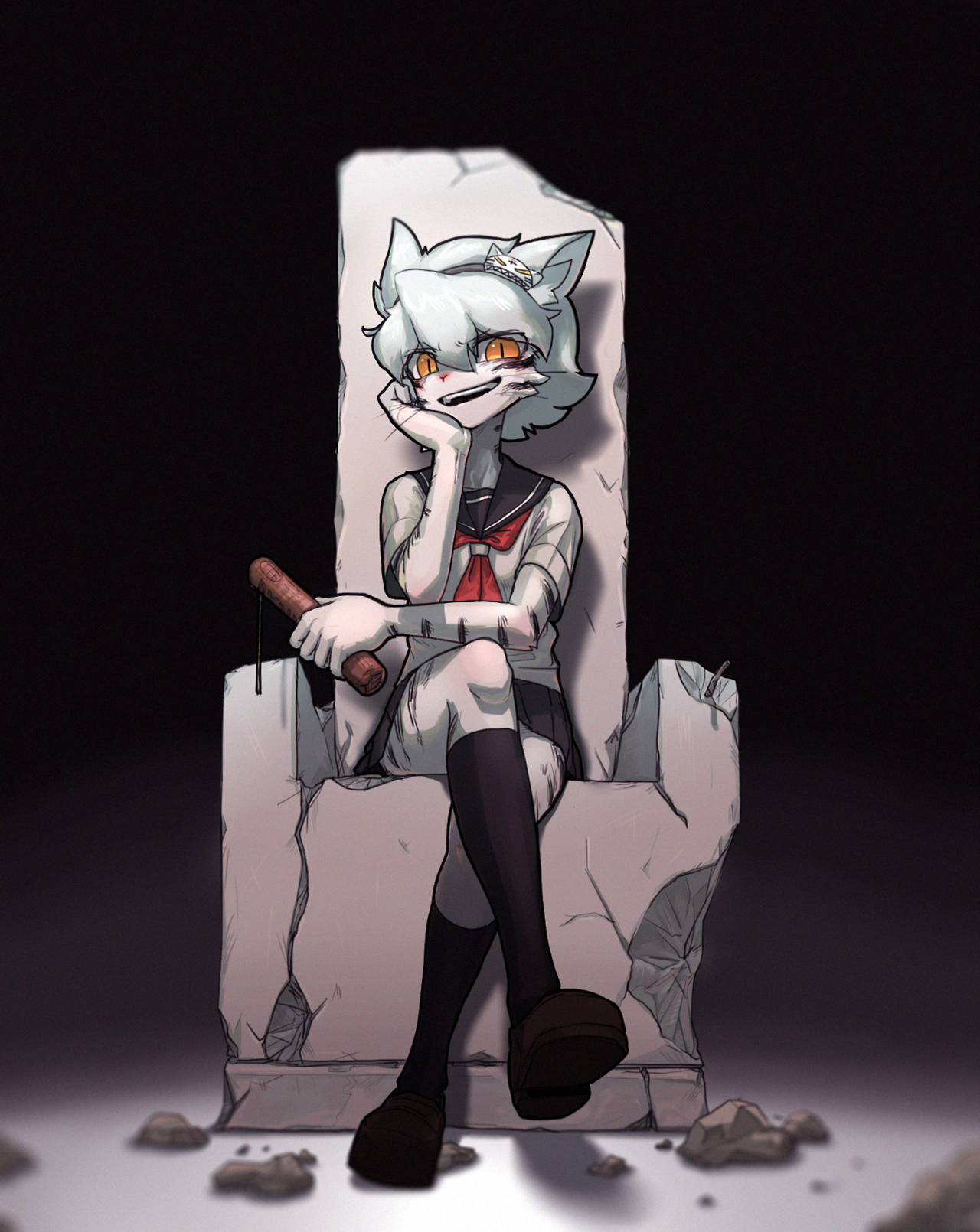 a white cat girl anime character, with red eyes, sits on a broken throne, holding a wooden weapon in her hand. she is sitting in a dark environment. she is wearing a white shirt and black skirt with a red bow tie. there are broken pieces of the throne around her. the throne is made of stone and has a cracked surface. the cat girl is looking to the right and has a sly smile on her face.