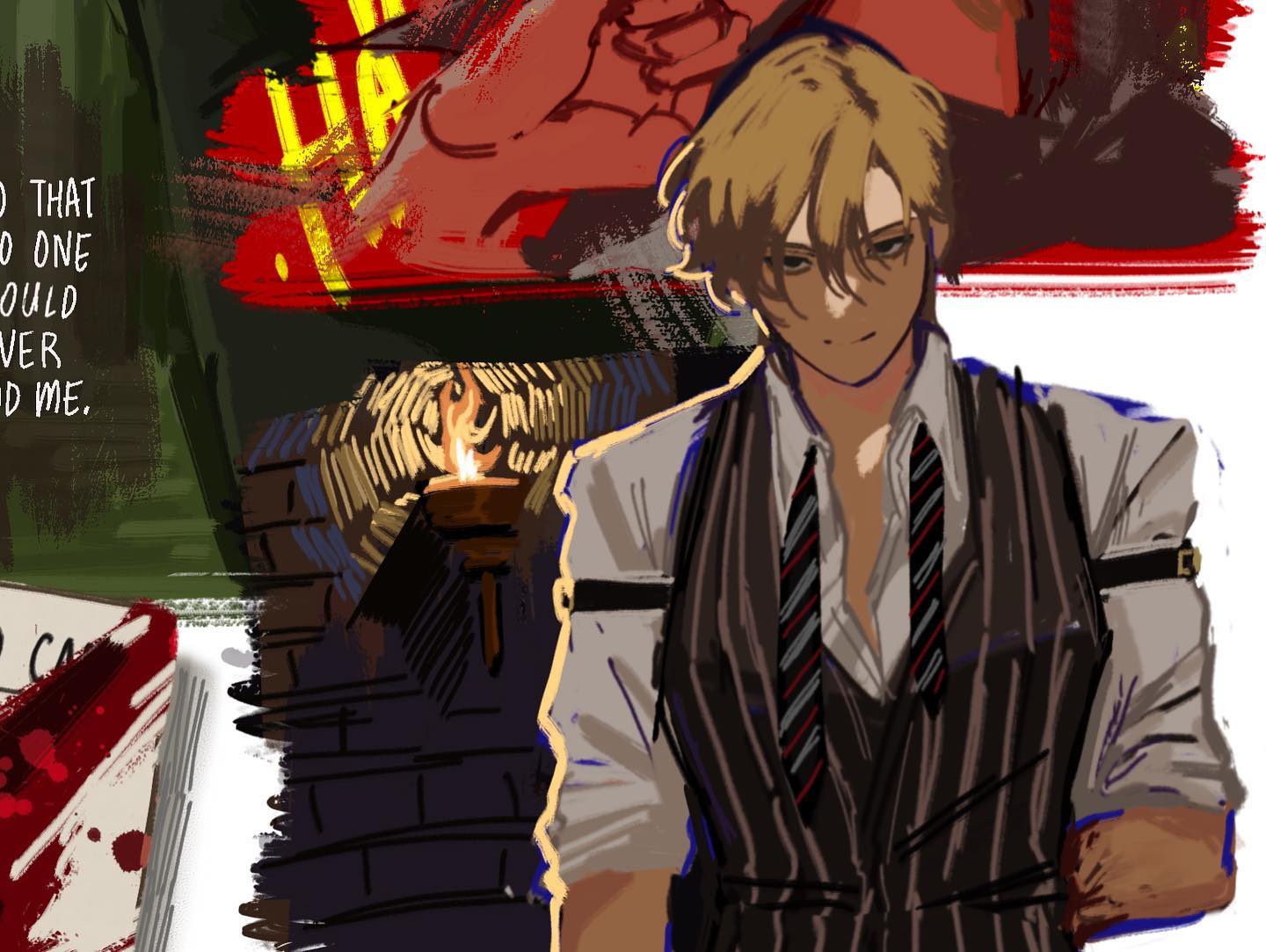 a young man with blond hair and blue eyes is looking at the viewer with a serious expression. he is wearing a suit with a vest and tie that has vertical stripes. the background is blurred and out of focus, and there is a red and yellow banner visible.