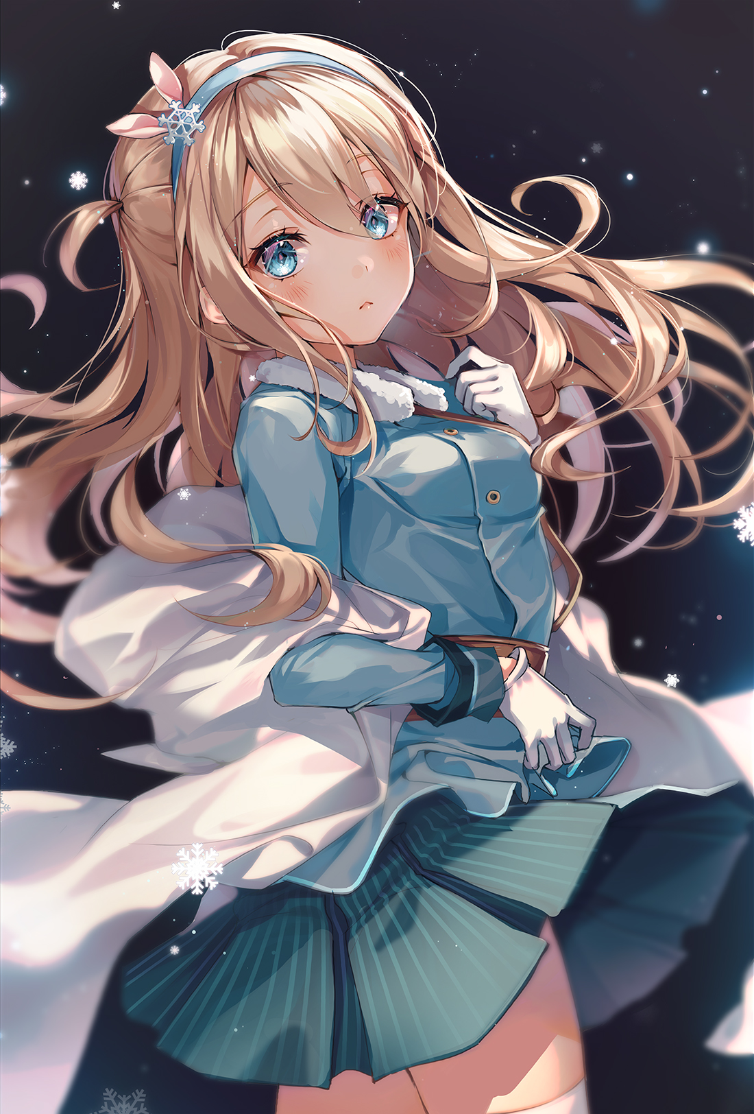 the image showcases a meticulously drawn anime girl. she possesses long, flowing blonde hair, striking blue eyes, and a gentle expression.  her attire consists of a light blue jacket, a teal pleated skirt, and a flowing white coat, all suggestive of a winter setting.  a snowflakeadorned headband is also visible in her hair.  the background features softly rendered snowflakes against a dark, starry backdrop. the overall style is soft, elegant and emphasizes the character's delicate features and flowing clothes.  the art is highly detailed and likely digitally created.