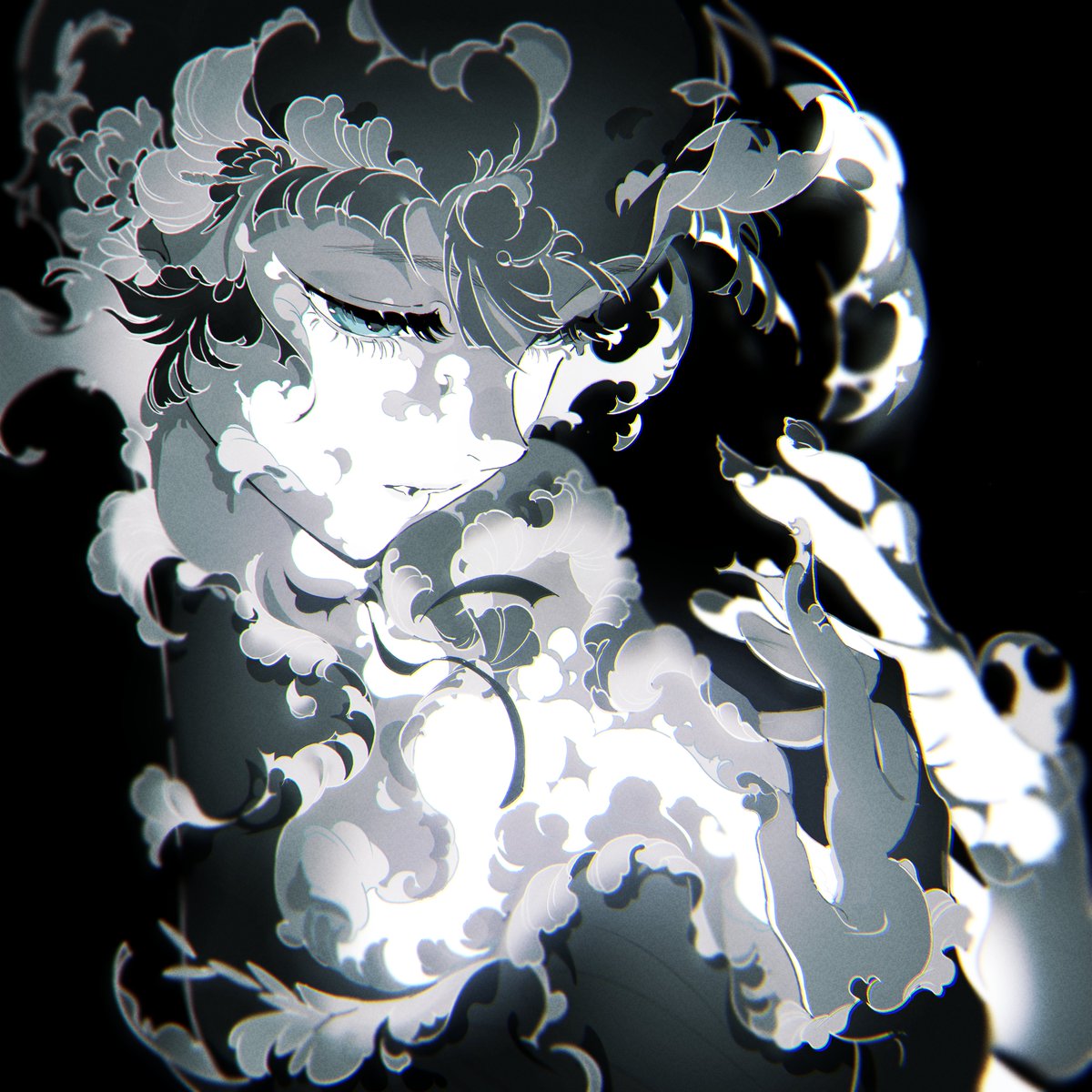 a stylized portrait of a woman rendered in shades of gray against a black background.  her features are partially obscured by swirling, stylized floral designs that evoke smoke or fabric. the woman's expression is serious, with a hint of melancholy in her downcast eyes.  her pose, with one hand raised as if to touch her face, adds to the air of mystery and introspection.
