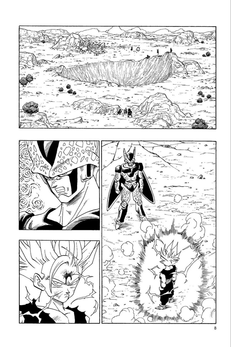 the image depicts a scene from the anime dragon ball z. it shows a battle taking place in a barren wasteland with a large crater in the background. the top panel offers a wide shot of the environment, while the bottom panels focus on the characters. cell, in his perfect form, stands menacingly while goku, in his super saiyan form, charges a powerful ki blast. a cell jr. is also present, observing the fight. the overall style is typical of manga, with high contrast black and white illustrations and dynamic action lines.