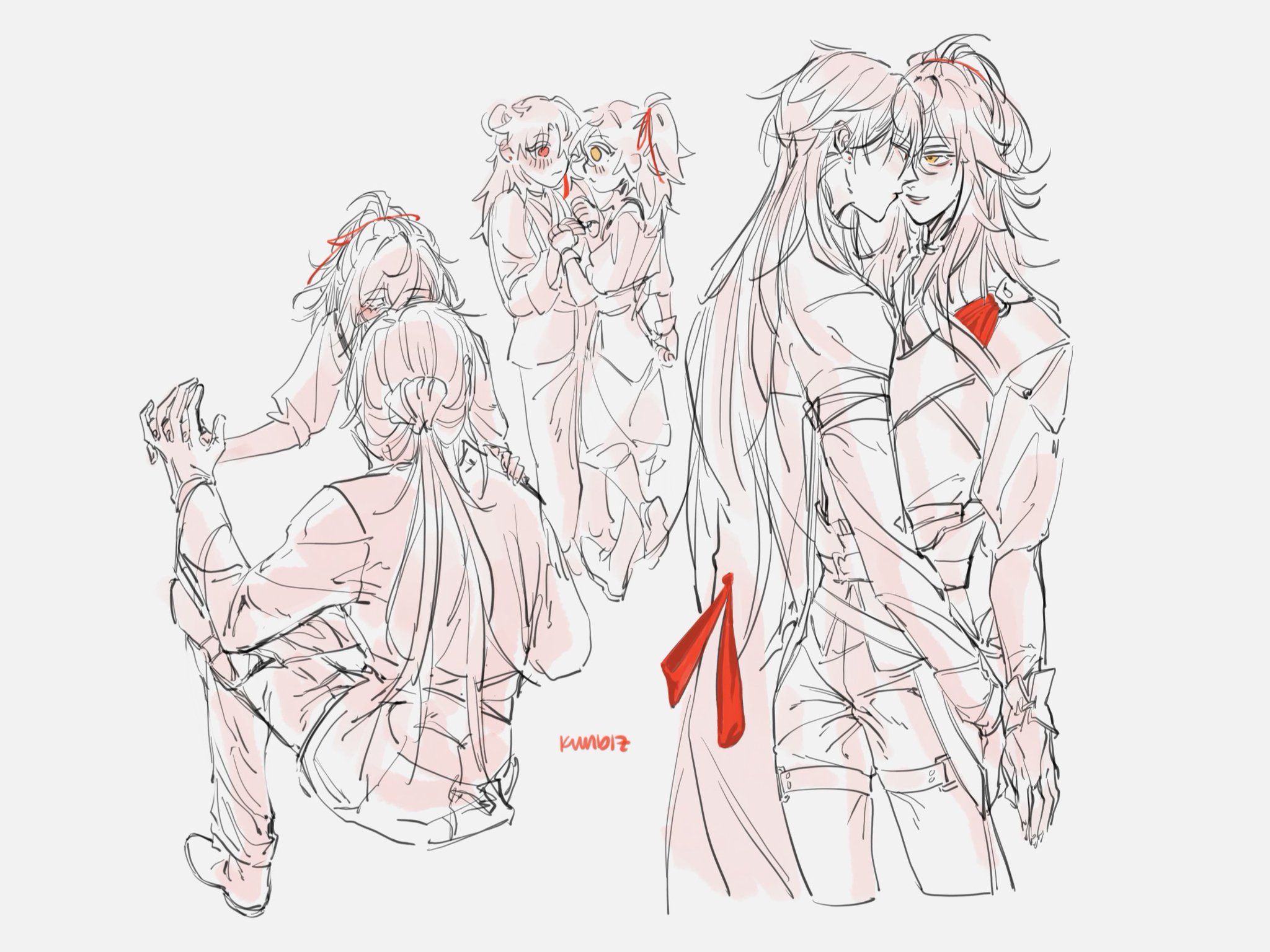 this is a drawing of four anime characters. there are two couples, two women in each couple. in the foreground, the couple is holding each other close and looking at each other affectionately. the other couple is in the background, and they appear to be dancing. the drawing is done in a simple style, with light lines and a minimal amount of detail. the characters are drawn with delicate features and soft expressions, which adds to the overall romantic feel of the image.