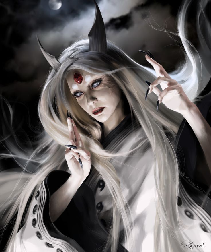 an illustration of kaguya otsutsuki from the naruto anime series. she has long white hair, horns, a red gem on her forehead, and byakugan eyes. she is wearing a black and white robe. the background is dark with a moon visible. she has her hands raised, displaying long black nails.