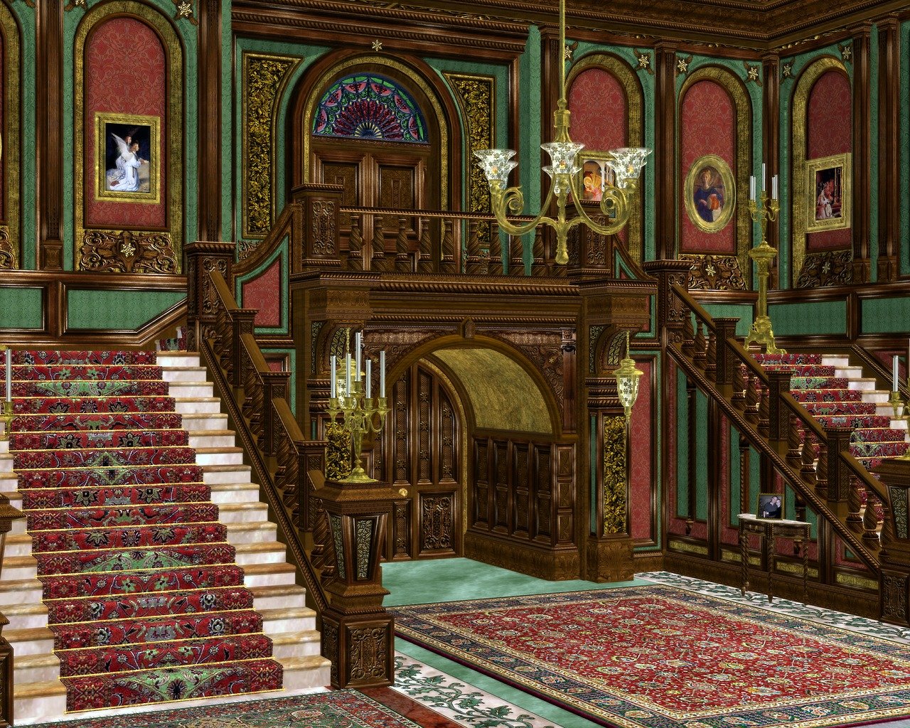 the image shows the grand interior of a mansion hall. a large staircase with a patterned red rug leads up to a landing, with the stairs splitting off to the left and right. a chandelier hangs from the ceiling. paintings adorn the walls, and candles provide light. the walls are paneled with ornate woodwork in green and red, with arches above doorways. the floors are covered in intricate rugs.