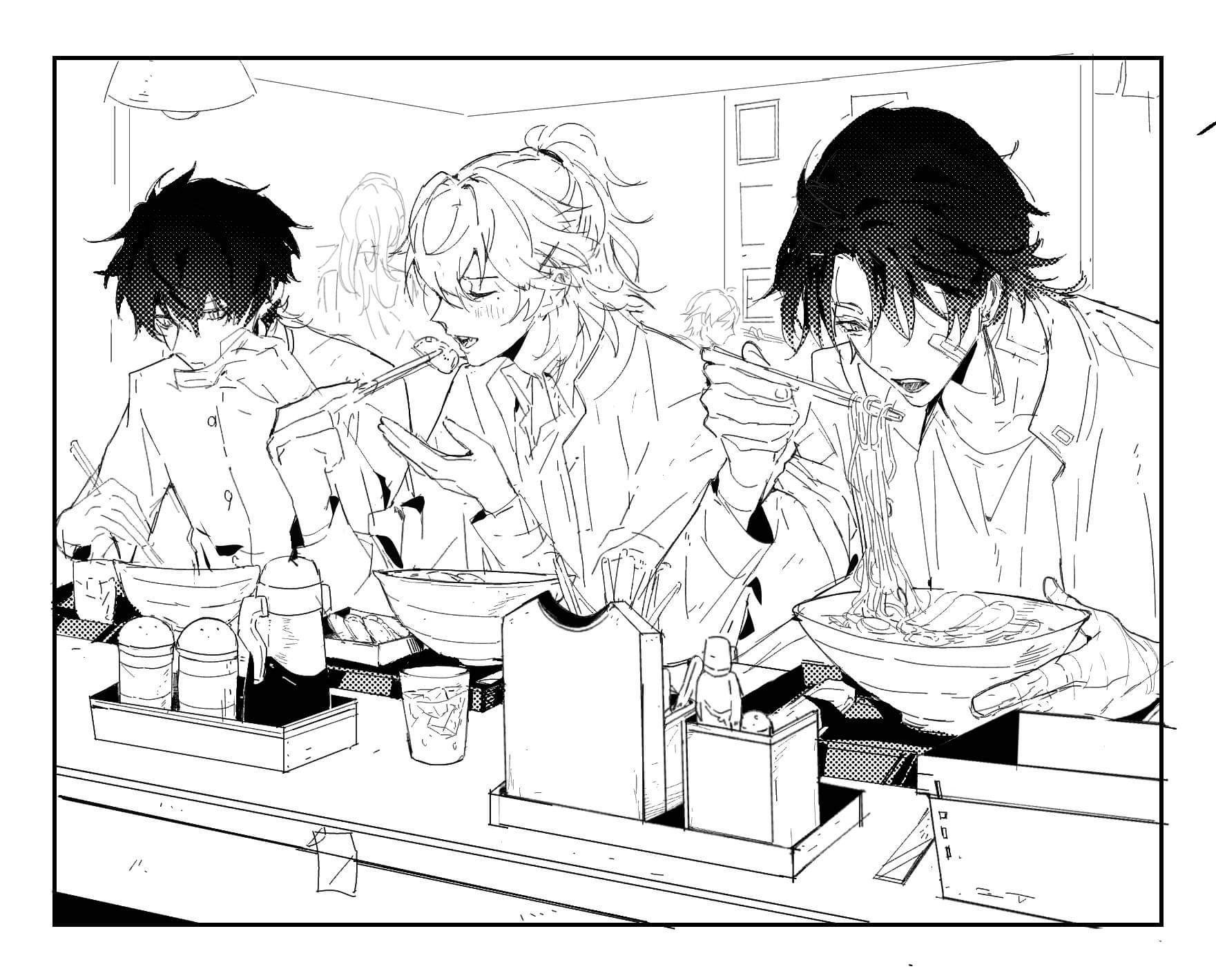 this is a black and white illustration of three anime characters enjoying a meal at a ramen restaurant. the characters are seated at a table, and each has a bowl of ramen in front of them. they appear to be friends, enjoying each other's company.  the drawing is detailed and has a lot of personality, capturing a scene of simple enjoyment.