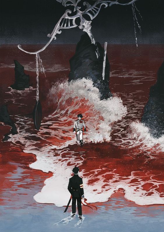 this is a digital painting of a fantasy scene, perhaps inspired by the anime "black butler."  two men stand on a dark, stormy beach, one in a white uniform and one in black.  the sea is red, with dark rocks jutting out.  a skeletal, gothiclooking structure towers over the beach, its dark shape adding to the mysterious atmosphere.  the painting is full of dramatic elements, with contrasting colors and strong lighting. the scene is likely a symbolic representation of a conflict between opposing forces.  the men may represent good and evil, or two contrasting sides of the same person.  the red ocean suggests a powerful and destructive force, while the dark rocks and skeletal structure hint at the danger that lurks beneath the surface.  the painting's message is open to interpretation, but it invites the viewer to consider the complexities of the human condition.