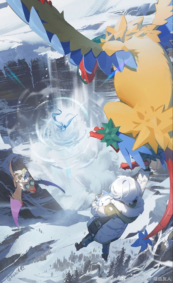 the image shows a scene from the video game genshin impact. a young girl with white hair, ganyu, is using her cryo powers to create a blizzard and fight a large, colorful bird, the illuminated beast. the scene is set in a snowy mountain environment with a high angle view looking down on the action. the lighting is soft and diffused, creating a sense of cold and snow.