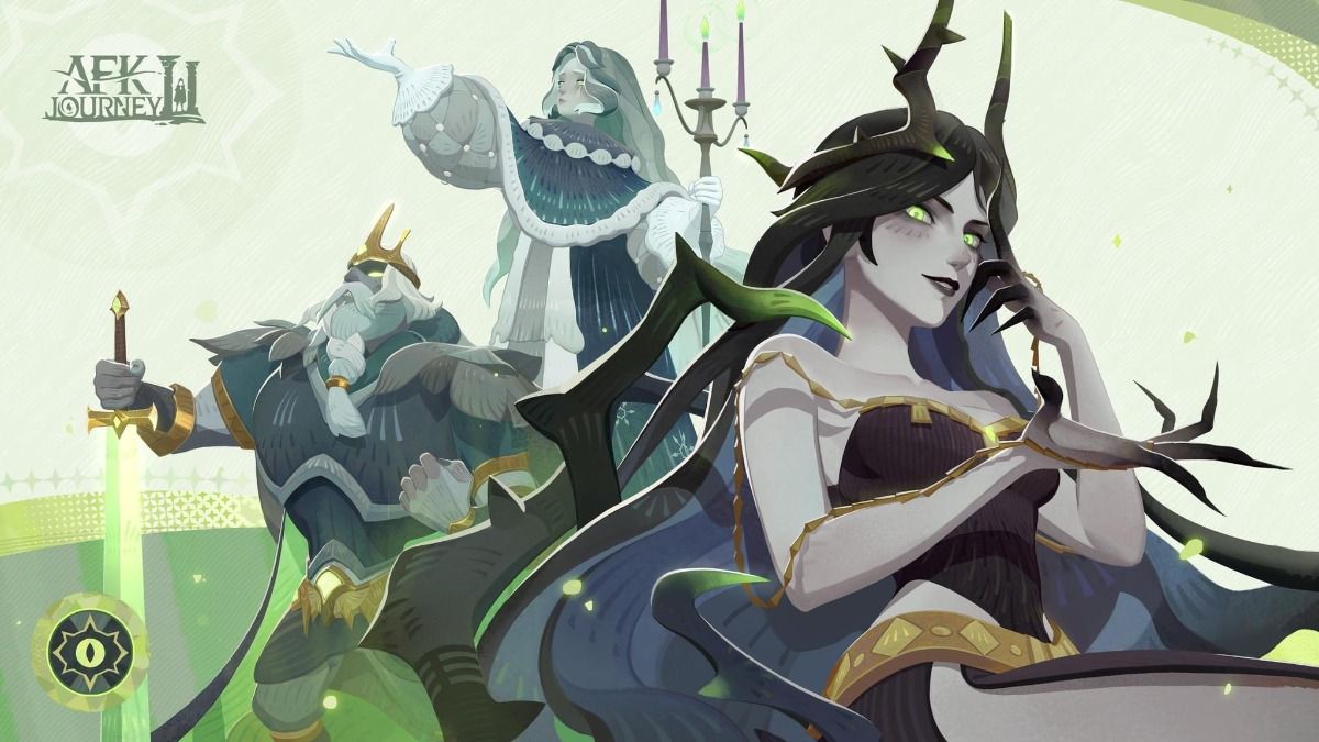 the image showcases three characters from the mobile game afk arena, likely representing different factions within the game. a regal, armored man with a sword stands to the left. in the center, a cloaked figure with an ornate staff stands on a raised platform. to the right, a dark, elegant female figure with elaborate horns takes a central position. they are all bathed in a green, mystical light.  the art style is detailed and painterly, emphasizing the fantastical nature of the game.