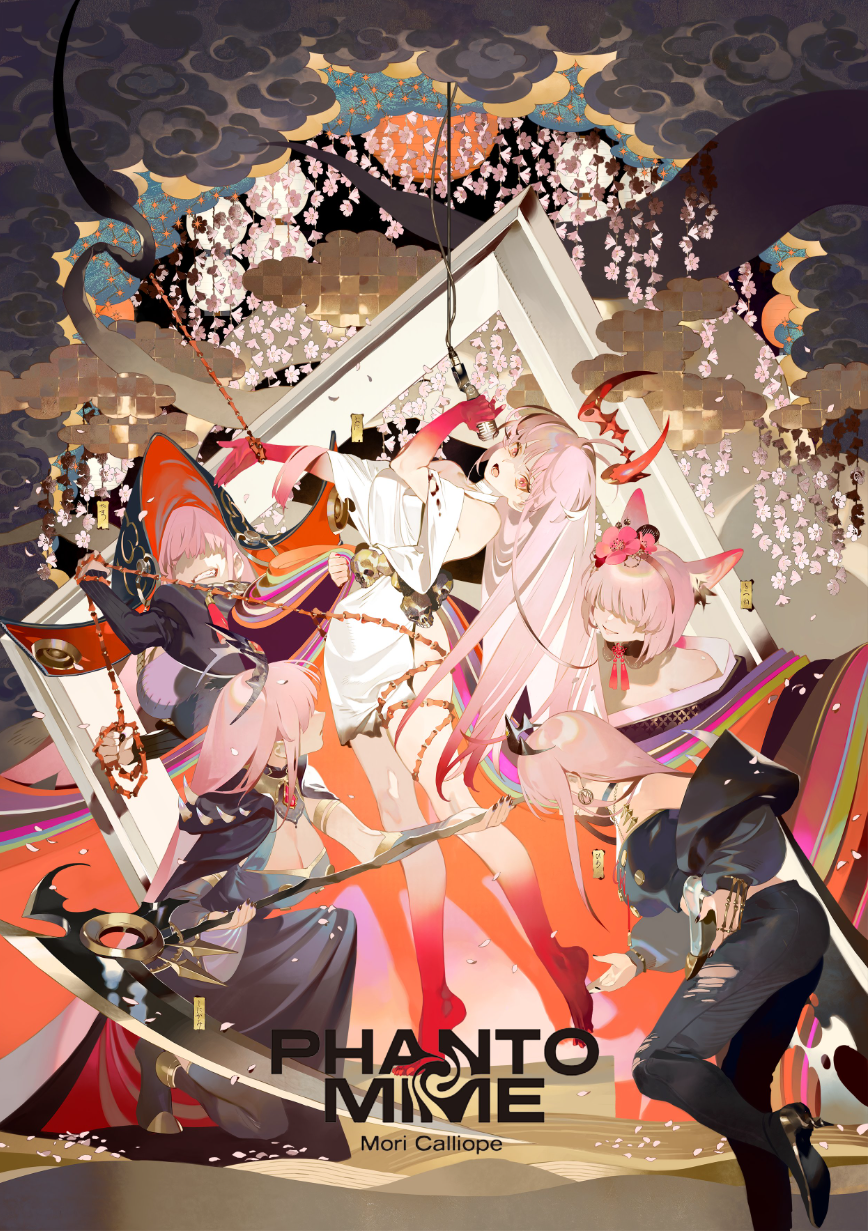 the image is a dynamic illustration featuring five characters engaged in a battle or action sequence. four female characters with pink hair and varying outfits dominate the scene, wielding weapons like a scythe and swords. their poses are energetic and convey movement. a male character in darker clothing is partially obscured in the foreground. the background is stylized with abstract shapes, floral patterns reminiscent of cherry blossoms, and a cloudy sky. the color palette is vibrant with pinks, reds, and purples contrasted against darker grays and blacks. dramatic lighting and a slightly low angle enhance the action and dynamism of the scene. the overall aesthetic suggests influences from anime and manga.