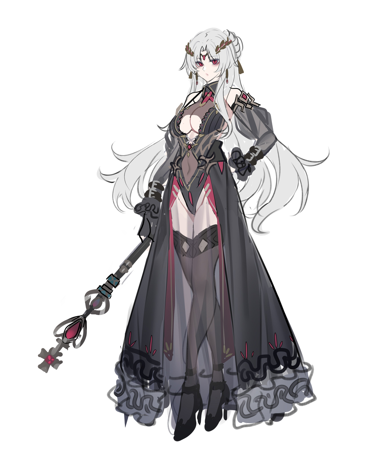 the image is a digital drawing of a female anime character with long white hair and red eyes. she wears a black and dark grey gothicstyle dress with a thighhigh slit and intricate details. her attire is complemented by black thigh highs and heeled shoes. she holds a long staff with a red gem on top. the character design is suggestive of a powerful sorceress or a dark fantasy heroine.