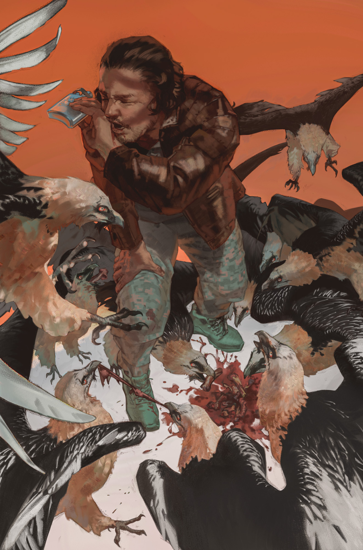 a man stands in a clearing in the woods surrounded by vultures feasting on a dead animal. the man is covered in blood, and he appears to be in shock. the vultures are circling and squawking, and the scene is very dark and violent.
