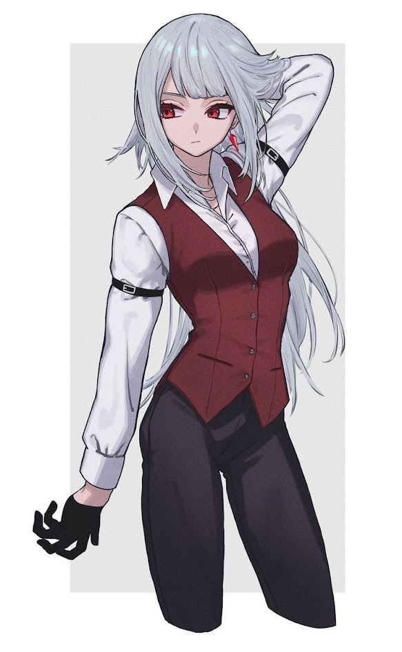 an anime girl with long, white hair and red eyes is shown in a casual pose wearing a white shirt and a red vest. she also has black pants and black gloves.  she looks off to the side with a thoughtful expression.