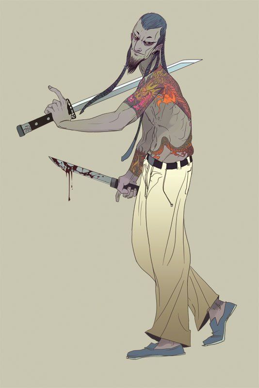 a man with a dragon tattoo and a serious expression, holding a katana and a bloody dagger in his hands, is walking away from the viewer. he looks dangerous and menacing.  the artwork is drawn in a comic book style.